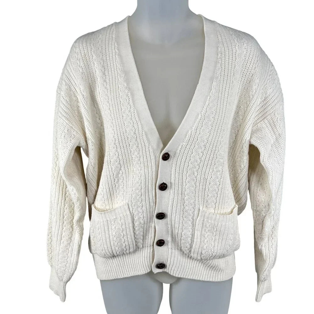 VTG Towncraft Men M Cable Knit Cardigan Sweater Wood Buttons Pockets Grandpacore